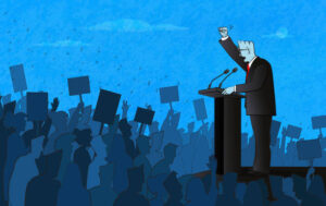 Politician speaking to a large crowd of people. (Used clipping mask)