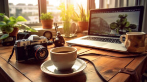 205799022-câmera-de-xícara-de-café-e-notebook-na-mesa-de-madeira-no-conceito-de-freelancer-de-escritório-em
